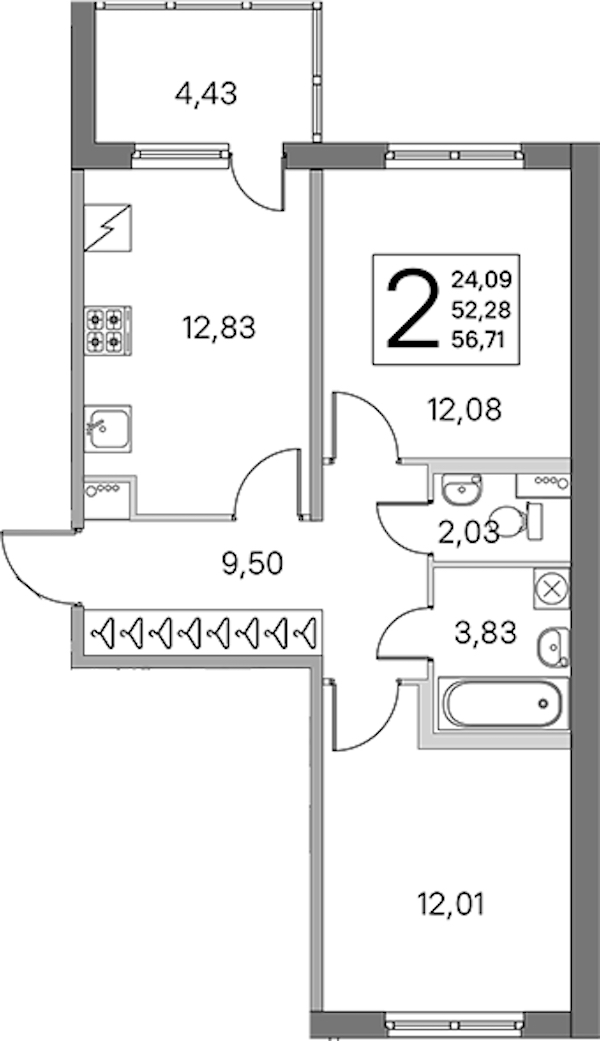 2-комнатная квартира 52.28 м², 1/5 эт., ЖК «ЮгТаун. Олимпийские кварталы»
